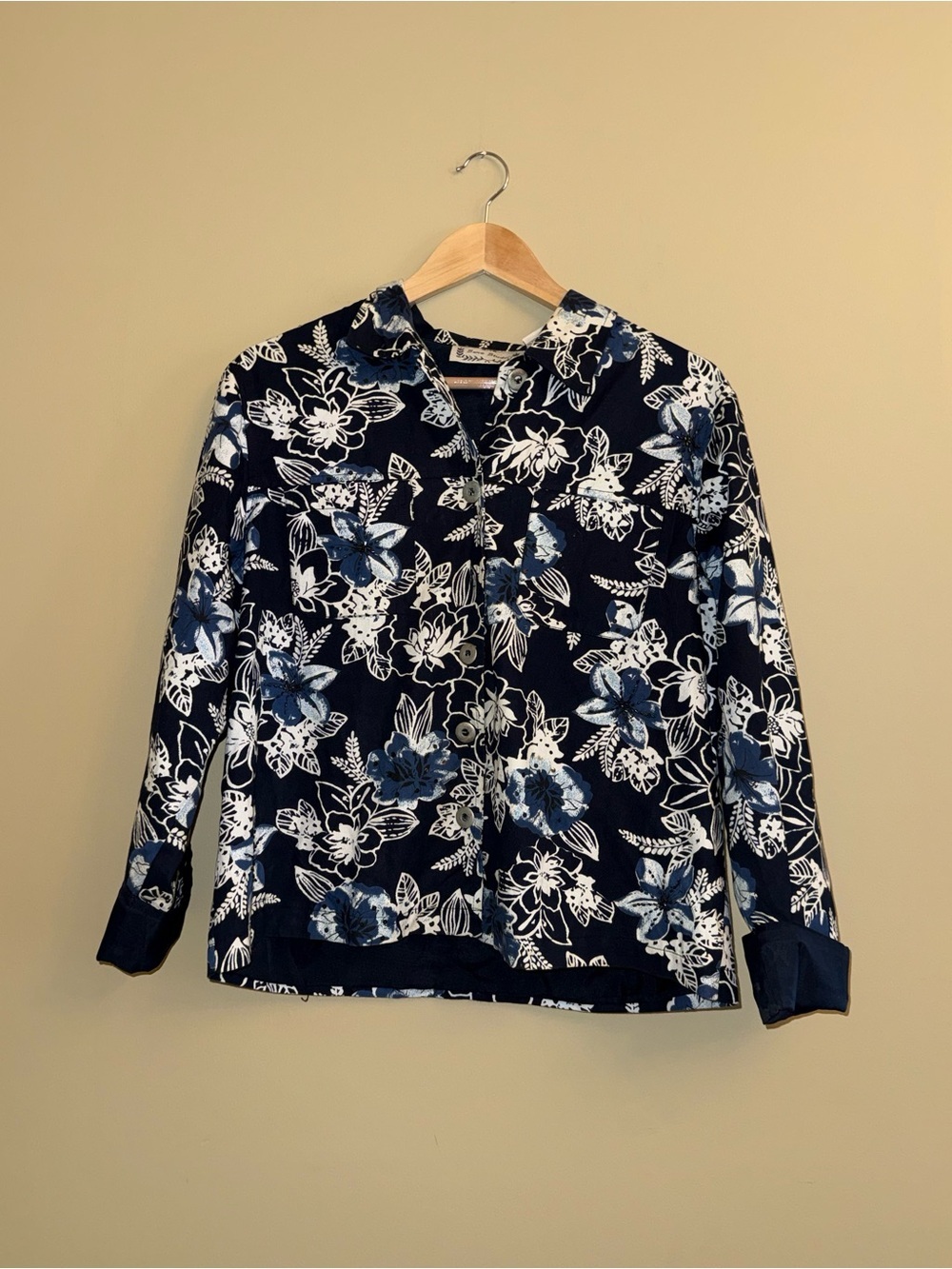 Vintage Sara Studio Floral Embroidery Beaded Blazer Size L Blue White Feminine